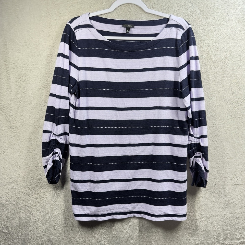 Talbots Striped‎ Tunic Top Women's M Lavender Blue Cotton Ruched Sleeves